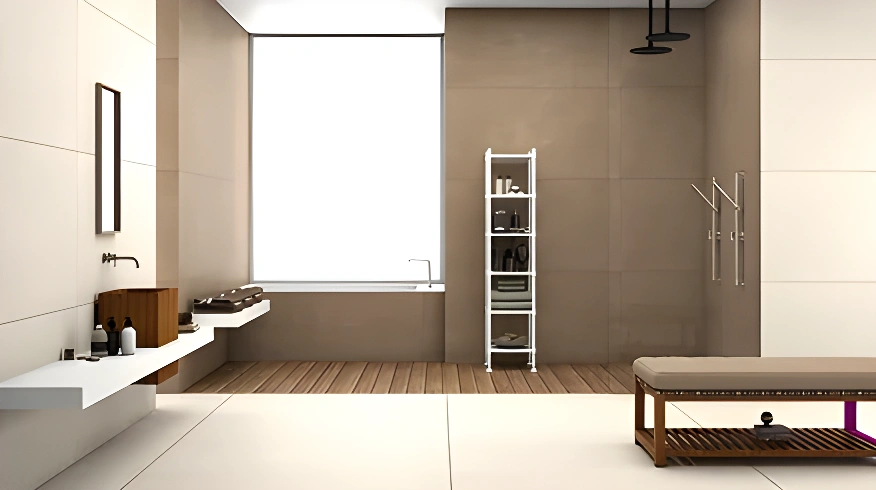 Modern minimalist bathroom with a freestanding tub, wooden vanity, open shelving, and a bench.