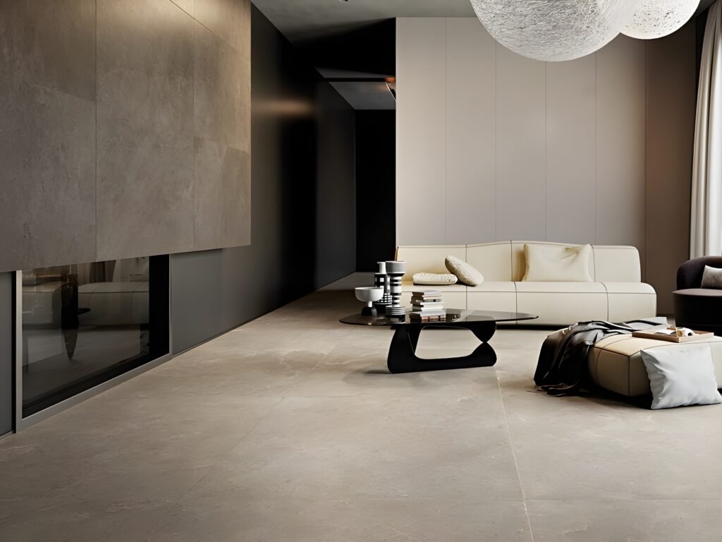Modern living room with a sleek cream sofa, contemporary coffee table, and a textured fireplace wall.