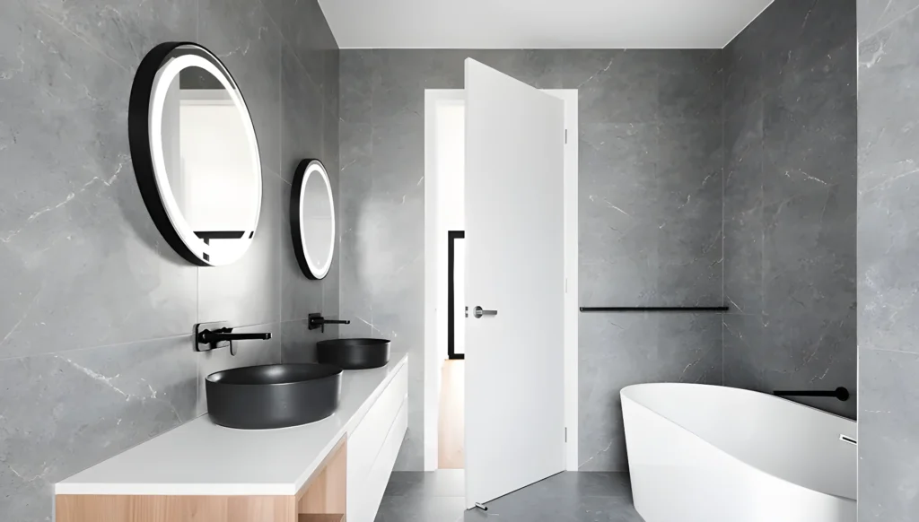 Modern bathroom with gray matt marble tile, dual oval sinks, and a freestanding white bathtub.