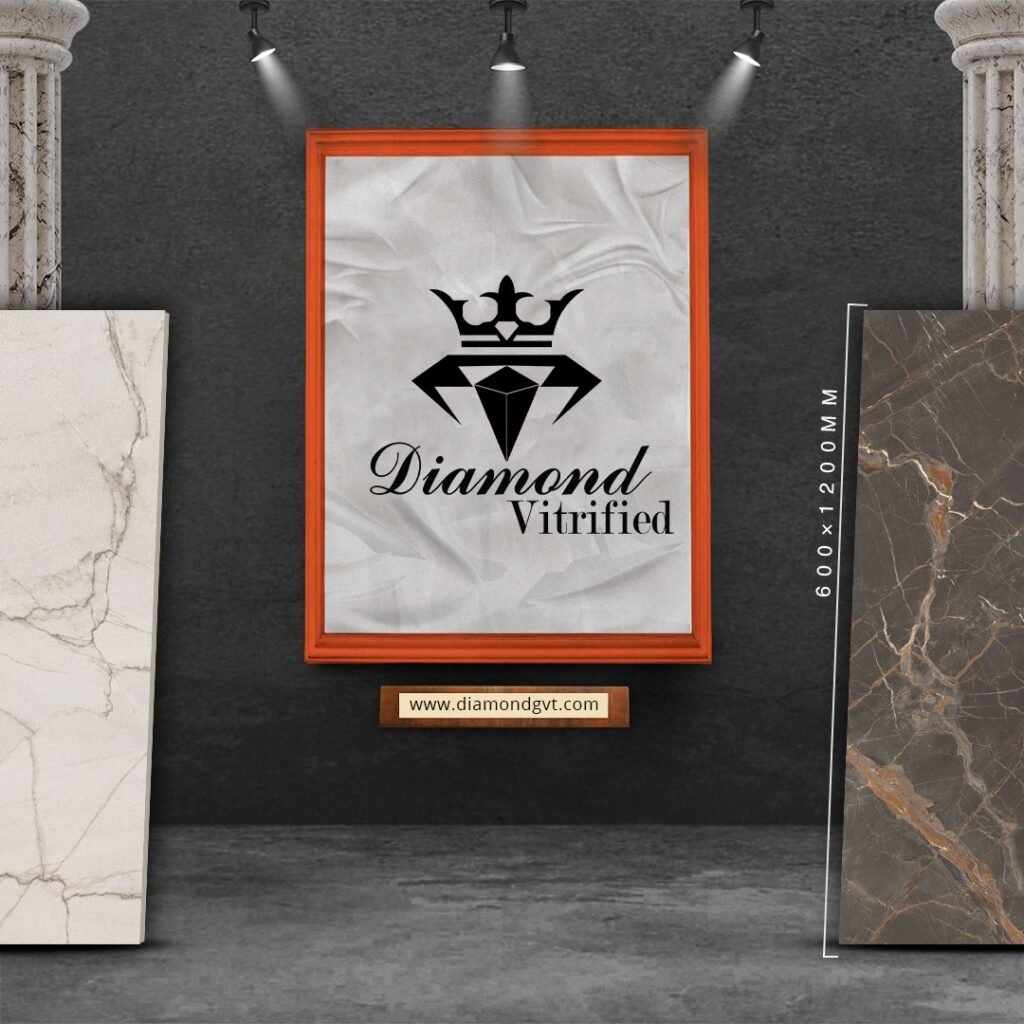 Framed logo for Diamond Vitrified displayed between two marble-patterned tiles in a showroom setting.