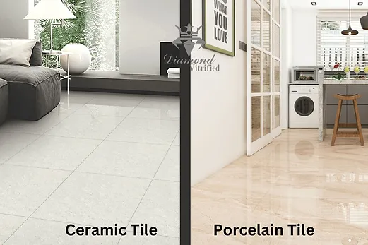 Split image comparing living spaces with ceramic (left) and porcelain (right) tiles. Modern decor, neutral tones, and plants are visible.