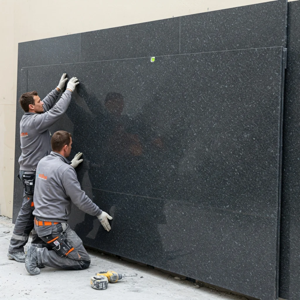 Two workers in gray uniforms install a large black granite panel on a building exterior. They wear gloves and use a drill, evoking focus.