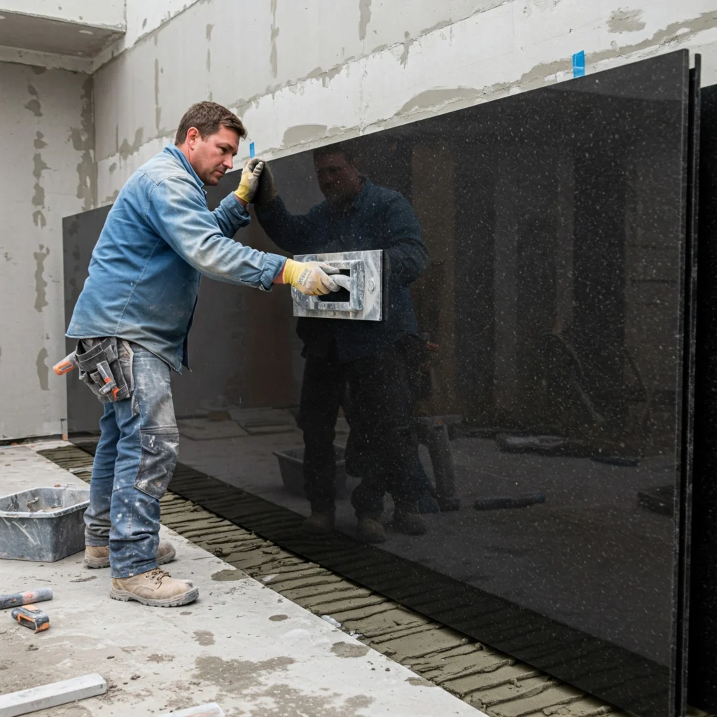 Worker in denim and gloves installs a black granite slab on a concrete wall, using a trowel. Tools and materials are visible nearby.
